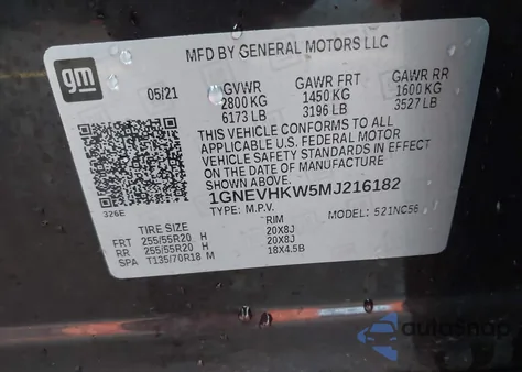 2021 Chevrolet Traverse Awd Lt Leather z USA, uszkodzony, nr VIN 1GNEVHKW5MJ216182